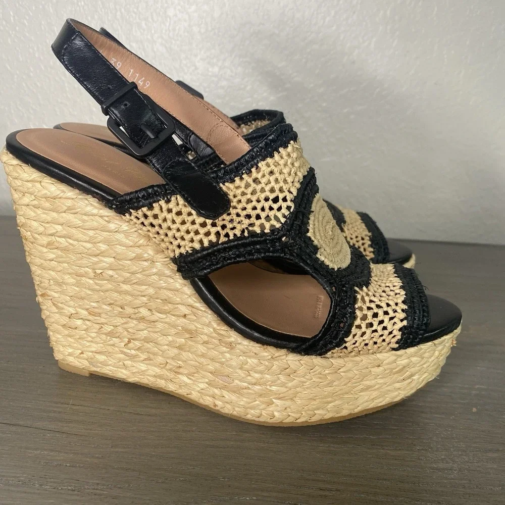 NWOT Robert Clergerie Woven Raffia‎ Wedge Sandal in Natural/Black Sz 8 $550
